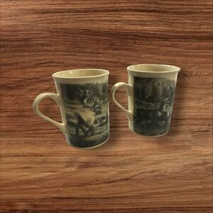 VTG Field & Stream Coffee Mugs Pair DesignPac Whitetail Deer Hunt Buck Moose HTF